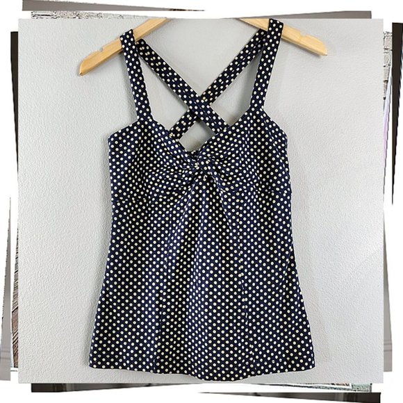 NWOT: Retro Blue & Cream Polka Dot Tank w/ Fabric Knot at Front (S) - Picture 3 of 6